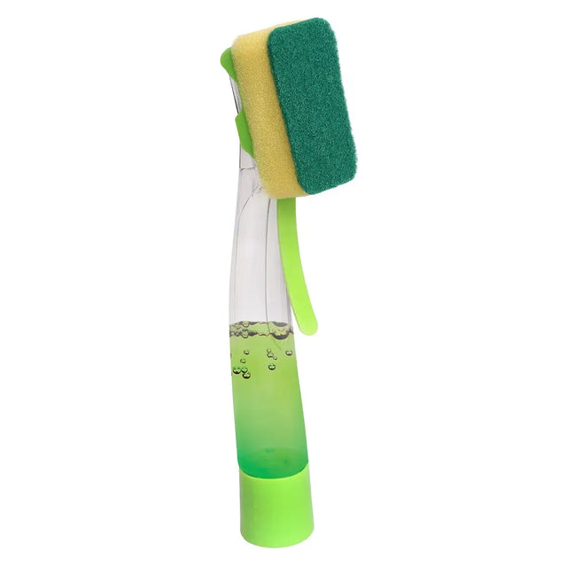 Green cleaning brush with a scrubber head on a white background