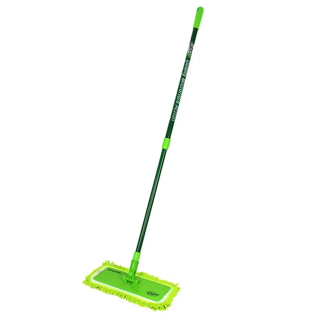 Green floor mop with a flat cleaning pad on a white background