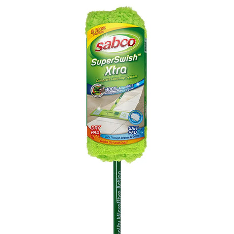 Sabco SuperSwish Xtra cleaning system with green scrubber on a white background