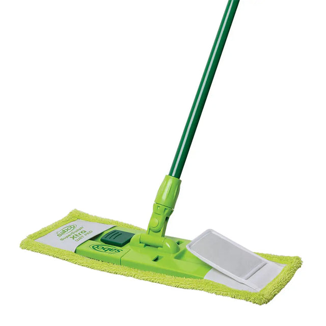 Green microfiber mop with a white background