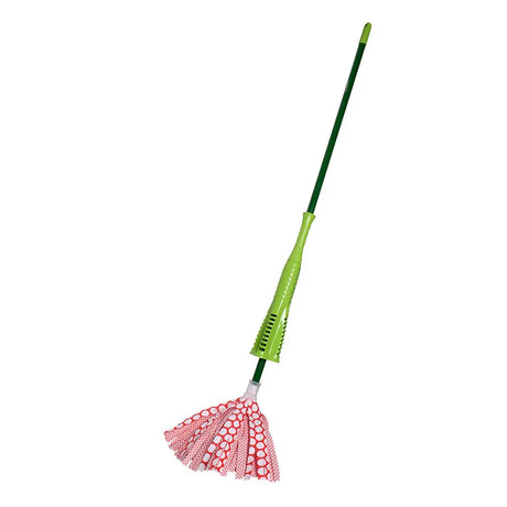 Green mop with red polka dot head on a white background