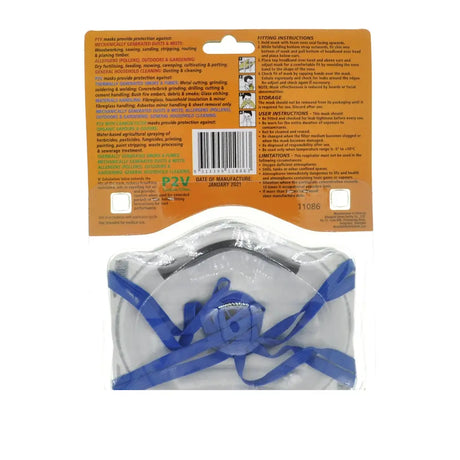 Blue spray-on face protection mask in clear plastic packaging with an orange backing card showing instructions and product details.