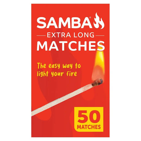 Samba extra long matches packaging with a match and flame illustration on a red background