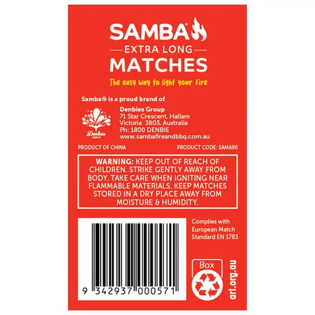 Samba Extra Long Matches packaging with branding and warning information on a red background