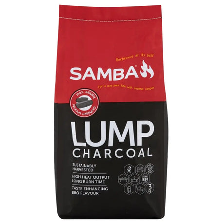 Bag of Samba lump charcoal with red and black design on a white background