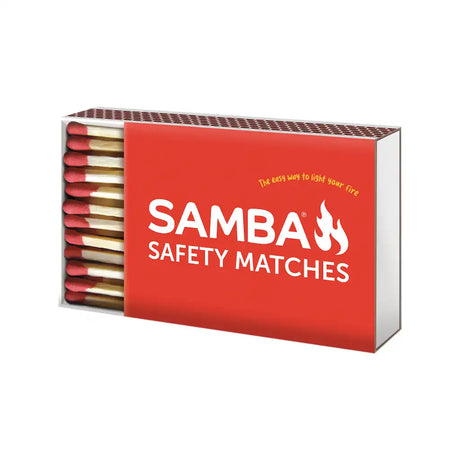 Box of Samba safety matches with red label and matches visible