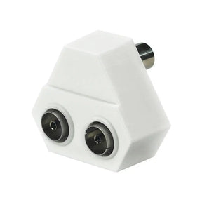 White geometric object with two black sockets on a white background
