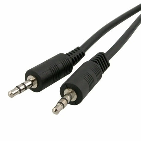 Black audio cable with two 3.5mm plugs on a white background