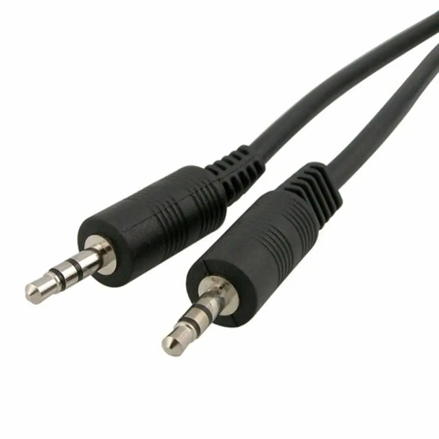 Black audio cable with two 3.5mm plugs on a white background
