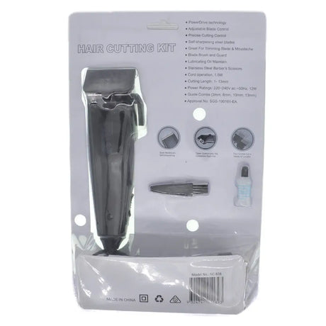 Hair cutting kit packaging with a black hair clipper on a white background