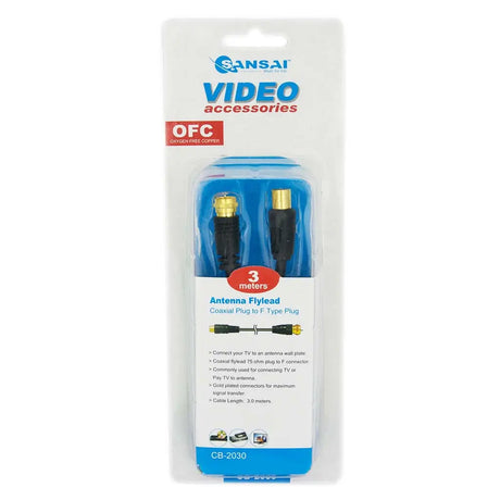 Packaged antenna flylead cable with Sansai branding on a white background
