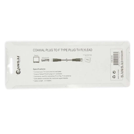 Sansai coaxial plug to F type plug TV flylead packaging on a white background