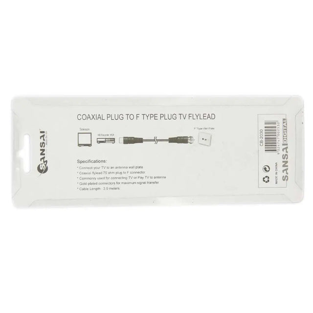 Sansai coaxial plug to F type plug TV flylead packaging on a white background