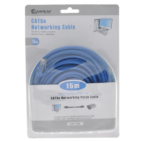Packaged CAT5e networking cable with blue cable on a white background