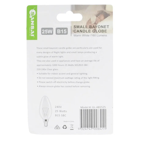 SANSAI Candle Incandescent Light Bulb B15 240V 25W Clear GL-AB1525