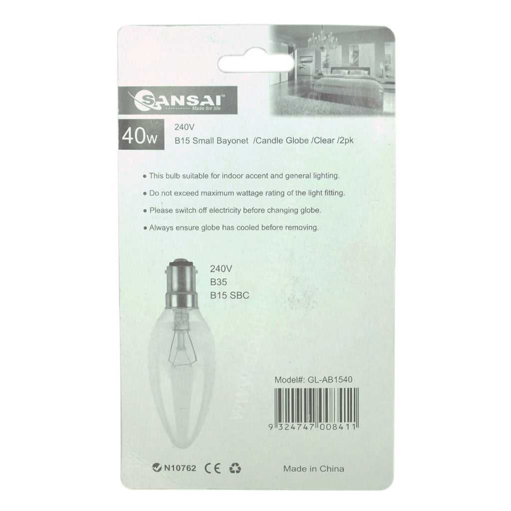 SANSAI Candle Incandescent Light Bulb B15 240V 40W Clear GL-AB1540