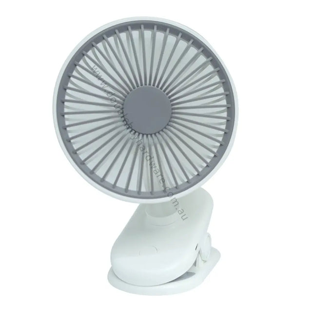 Small fan with gray blades and white base on a white background