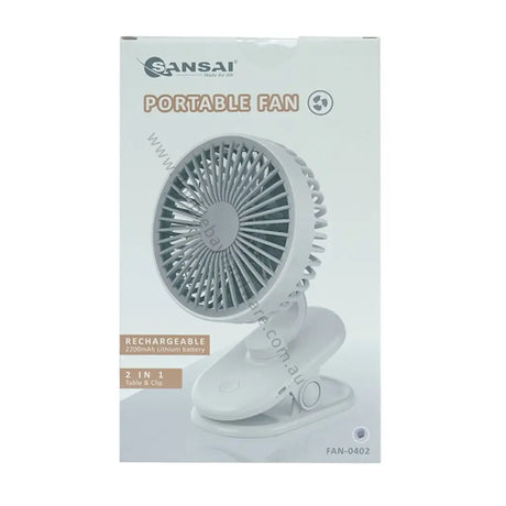 Portable fan packaging with 'Sansai' branding on a white background