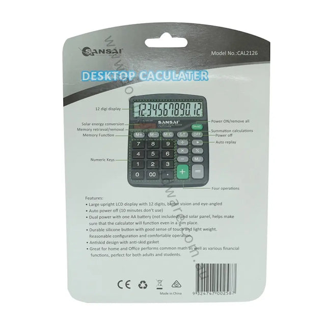 Packaging of a Sansai desktop calculator with product details.