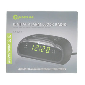 Anansai digital alarm clock radio packaging with green LED display on a white background