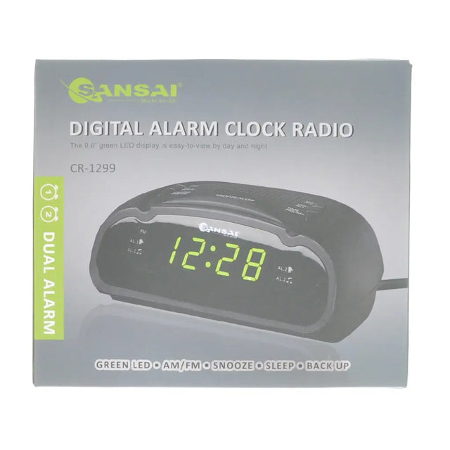 Anansai digital alarm clock radio packaging with green LED display on a white background