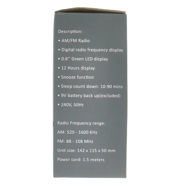 Product packaging with specifications on a white background