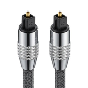 Two optical fiber cables with metal connectors on a white background