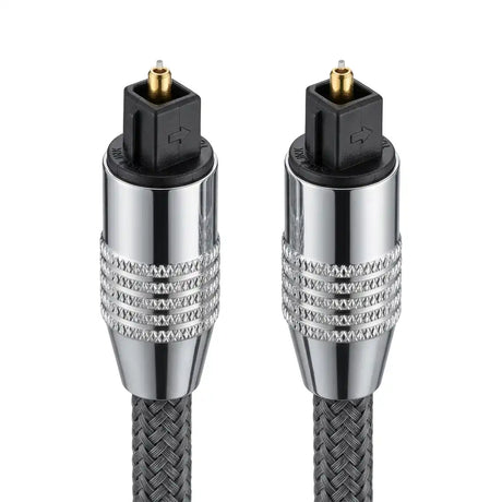 Two optical fiber cables with metal connectors on a white background