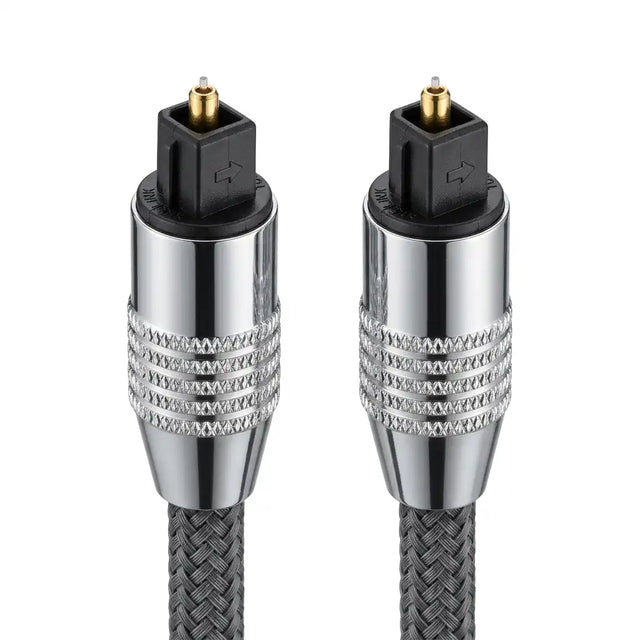 Two optical fiber cables with metal connectors on a white background