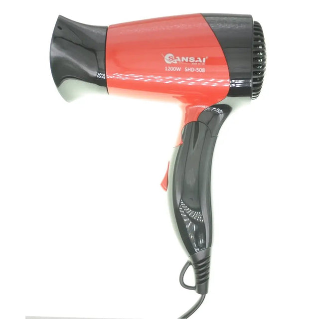 Red and black hair dryer with 'Sansai' branding on a white background