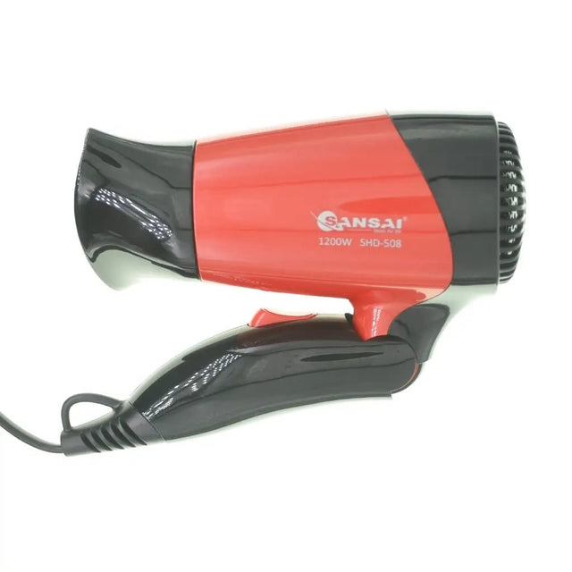 Red and black hair dryer with 'Sansai' branding on a white background
