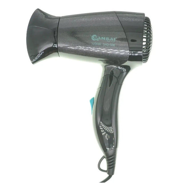 Black hair dryer with visible branding on a white background