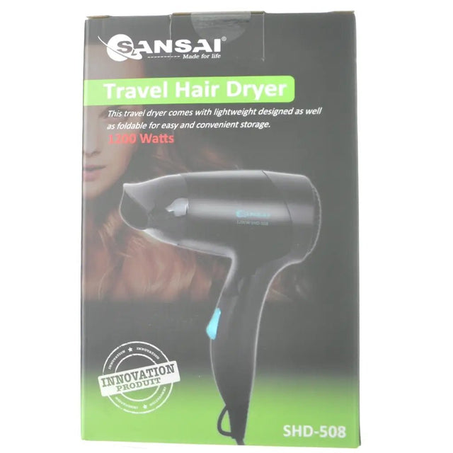 Box of Sansai travel hair dryer with a person using the dryer in the background.