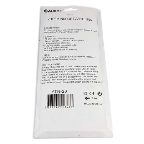 Packaging of a TV antenna with text and branding on a white background