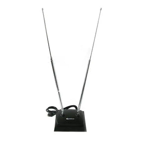 Black TV antenna with two metallic rods on a white background