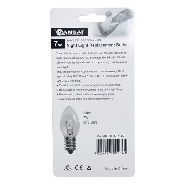 Packaging of Sansai E12 7w night light replacement bulbs with clear bulb illustration.