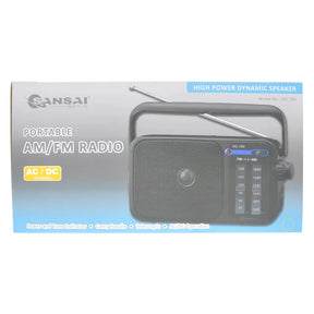 Packaging of a portable AM/FM radio with Sansai branding on a white background