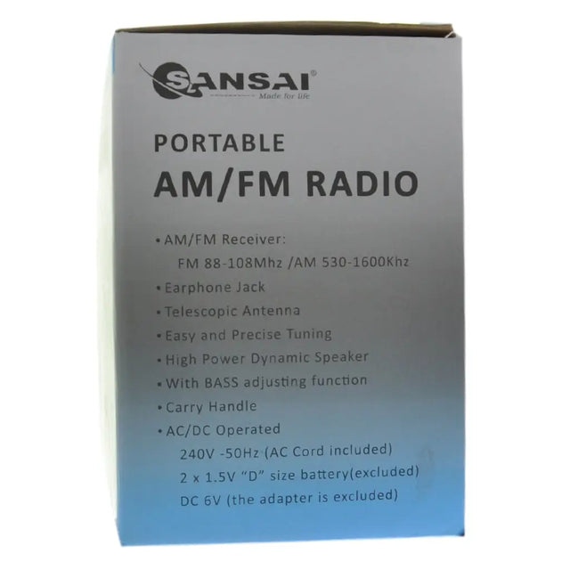 Box of Sansai portable AM/FM radio with specifications on a white background