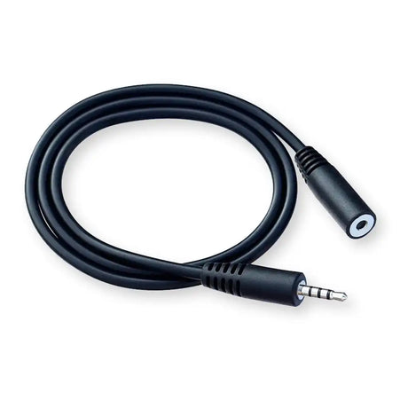 Black audio cable with 3.5mm connectors on a white background