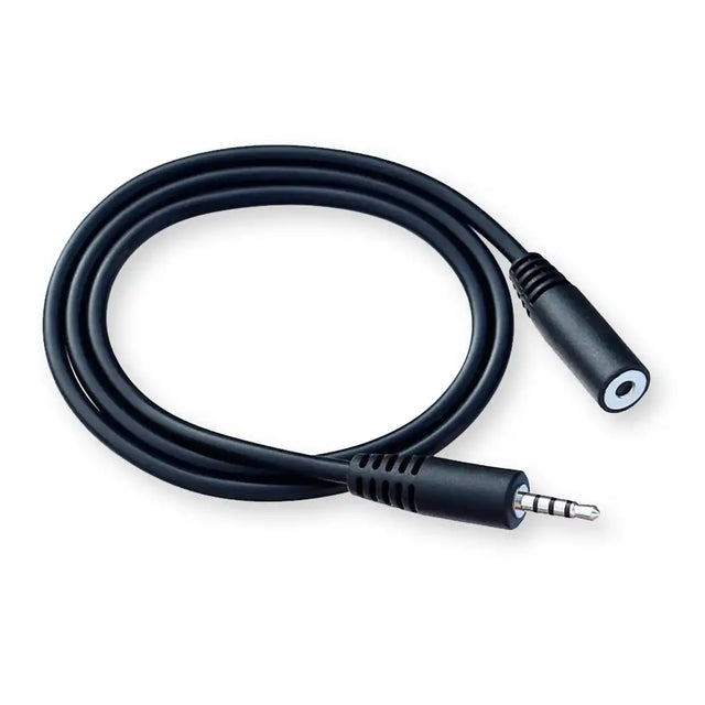 Black audio cable with 3.5mm connectors on a white background