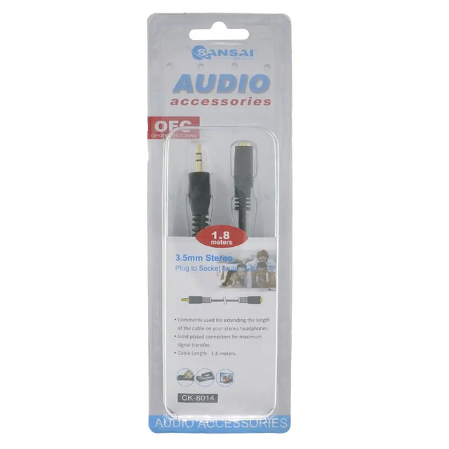 Packaged audio accessory with 3.5mm stereo plug and socket on a white background