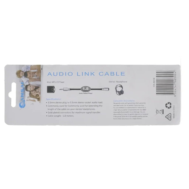 Back view of an audio link cable packaging with branding and product details.
