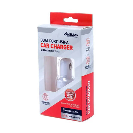 SAS Electronics dual port USB-A car charger packaging on a white background