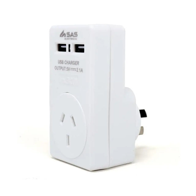 White USB charger with SAS branding on a white background