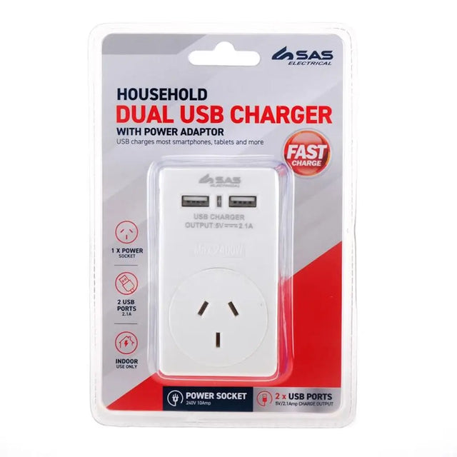 Packaged household dual USB charger with power adapter on a white background