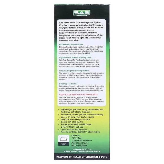 SAS Pest Control USB Rechargeable Fly Fan packaging with text on a white background