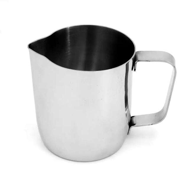 Stainless steel pitcher on a white background