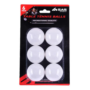 Pack of six table tennis balls with SAS Sports branding on a white background
