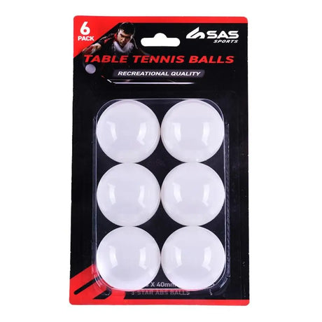 Pack of six table tennis balls with SAS Sports branding on a white background