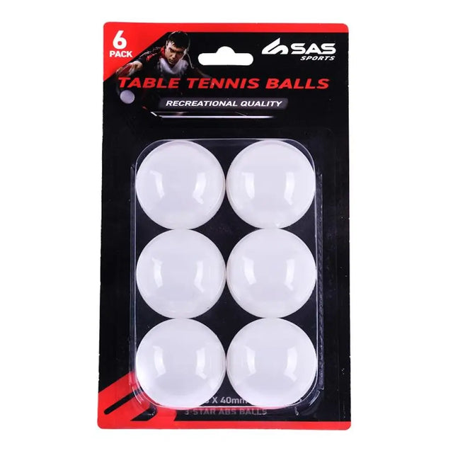 Pack of six table tennis balls with SAS Sports branding on a white background
